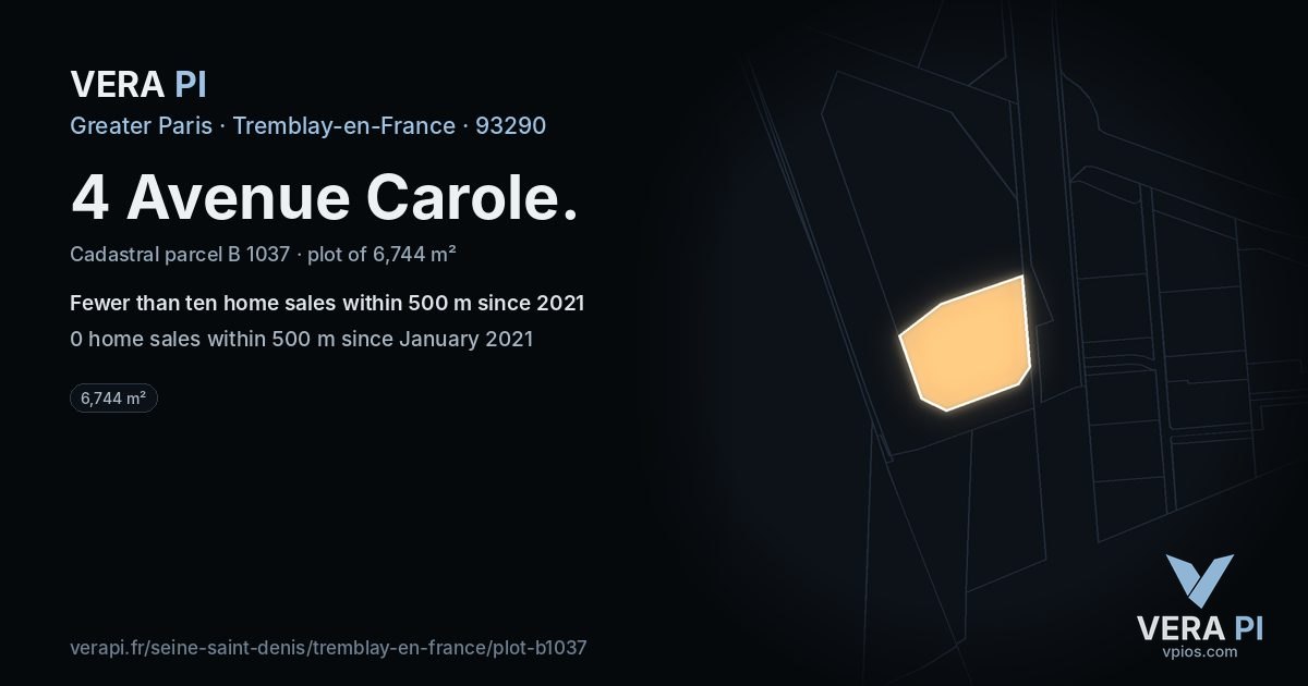 4 Avenue Carole, Tremblay-en-France at night – the plot lit, the parcels around coloured by the prices near them
