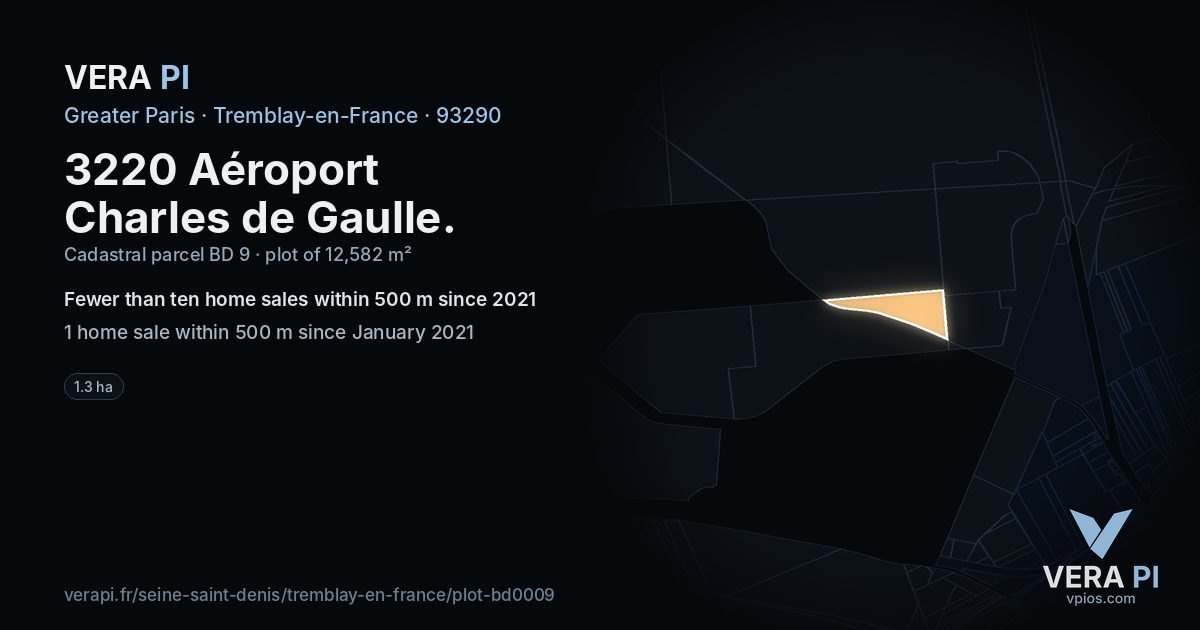 3220 Aéroport Charles de Gaulle, Tremblay-en-France at night – the plot lit, the parcels around coloured by the prices near them