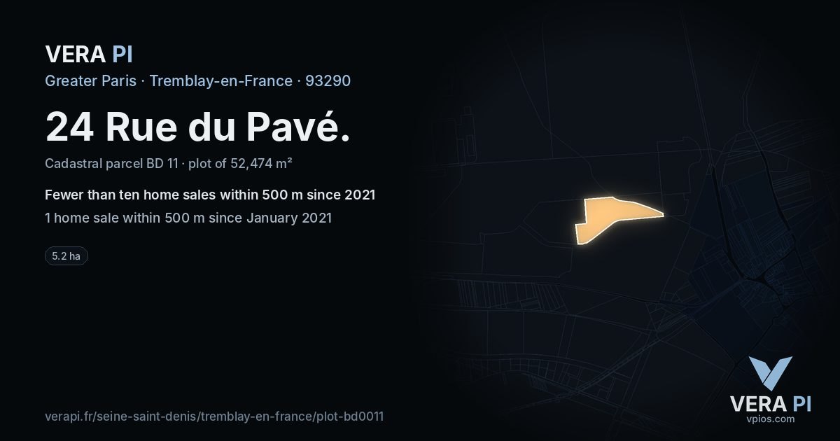 24 Rue du Pavé, Tremblay-en-France at night – the plot lit, the parcels around coloured by the prices near them