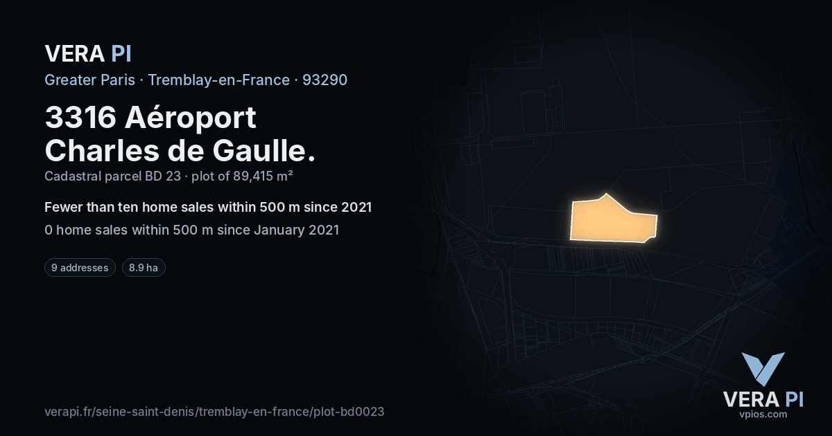 3316 Aéroport Charles de Gaulle, Tremblay-en-France at night – the plot lit, the parcels around coloured by the prices near them