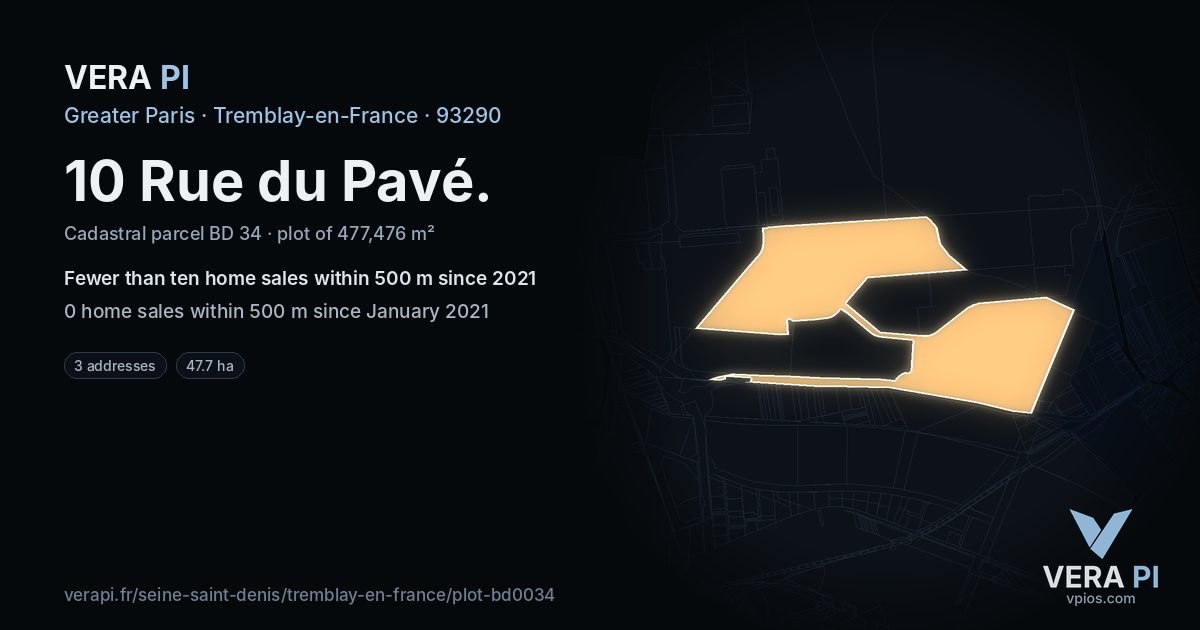 10 Rue du Pavé, Tremblay-en-France at night – the plot lit, the parcels around coloured by the prices near them