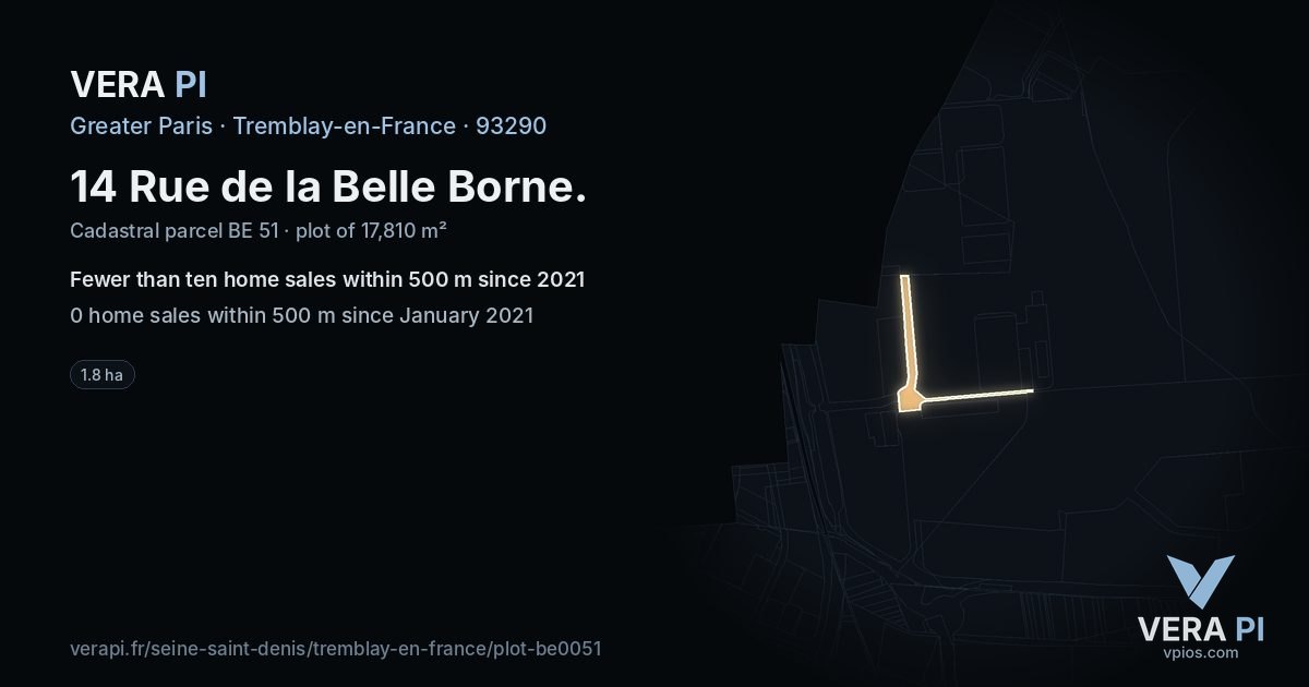 14 Rue de la Belle Borne, Tremblay-en-France at night – the plot lit, the parcels around coloured by the prices near them
