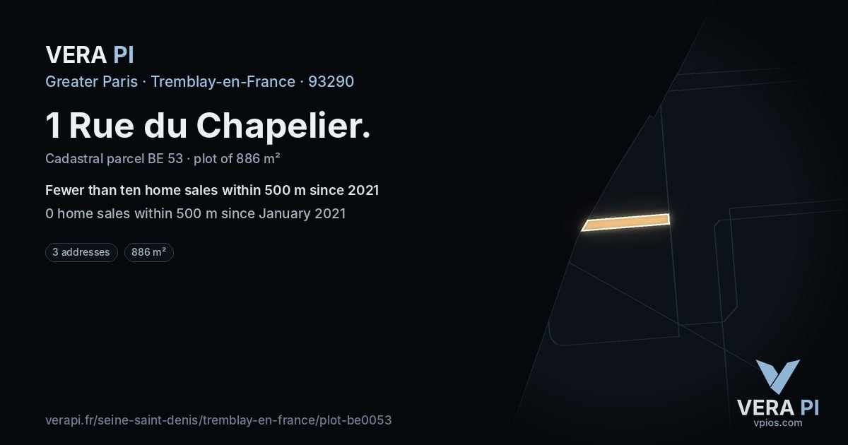 1 Rue du Chapelier, Tremblay-en-France at night – the plot lit, the parcels around coloured by the prices near them