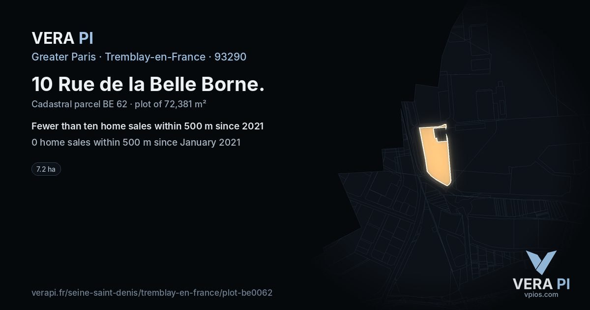10 Rue de la Belle Borne, Tremblay-en-France at night – the plot lit, the parcels around coloured by the prices near them
