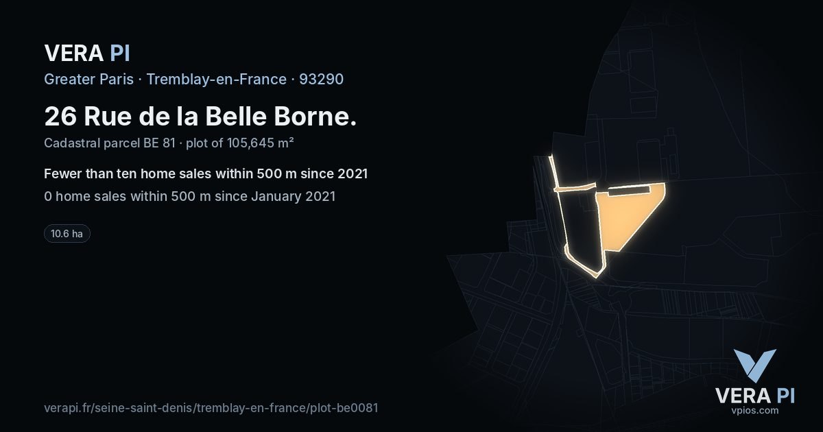 26 Rue de la Belle Borne, Tremblay-en-France at night – the plot lit, the parcels around coloured by the prices near them