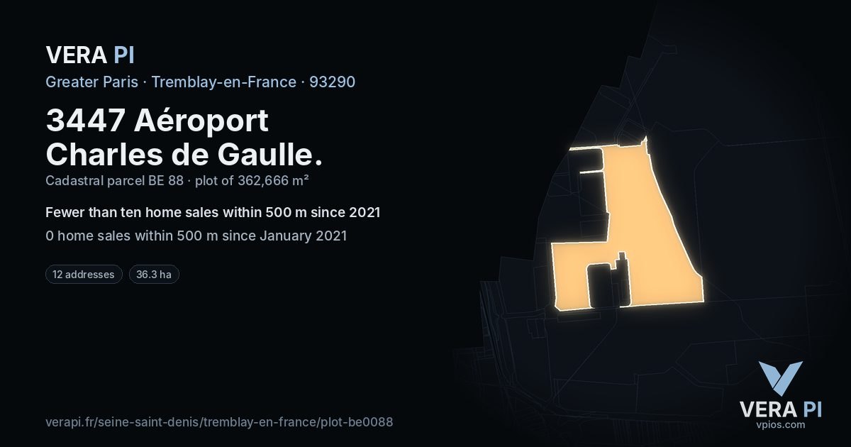 3447 Aéroport Charles de Gaulle, Tremblay-en-France at night – the plot lit, the parcels around coloured by the prices near them