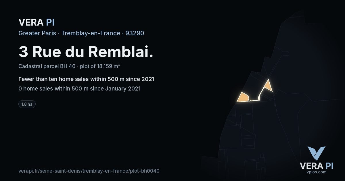 3 Rue du Remblai, Tremblay-en-France at night – the plot lit, the parcels around coloured by the prices near them
