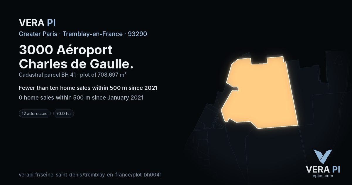 3000 Aéroport Charles de Gaulle, Tremblay-en-France at night – the plot lit, the parcels around coloured by the prices near them