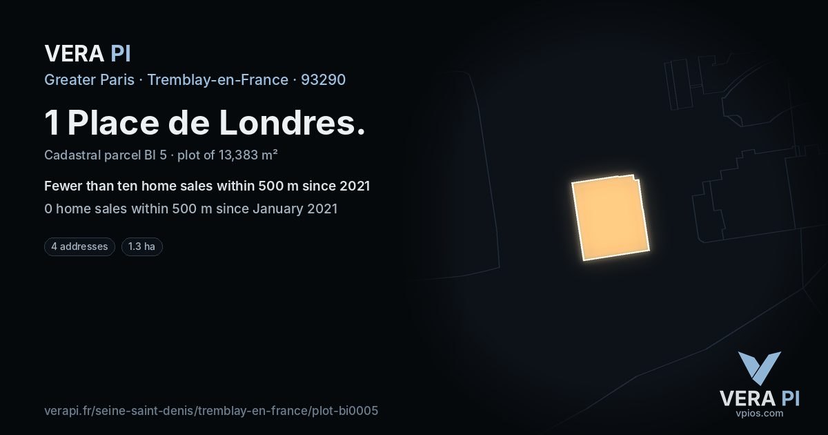 1 Place de Londres, Tremblay-en-France at night – the plot lit, the parcels around coloured by the prices near them