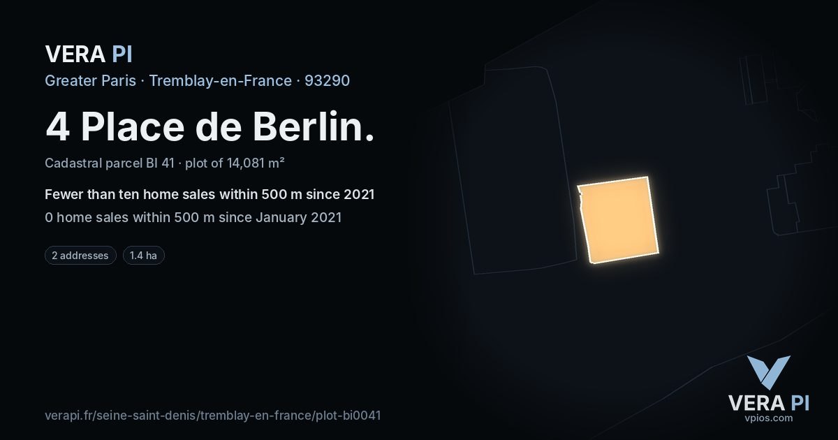 4 Place de Berlin, Tremblay-en-France at night – the plot lit, the parcels around coloured by the prices near them
