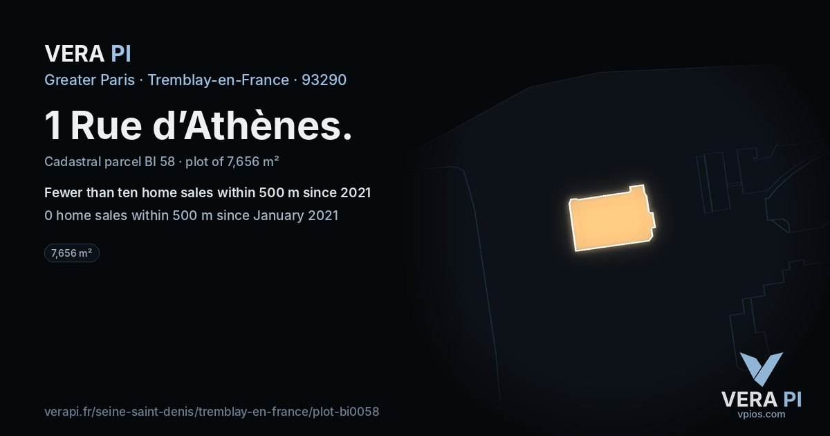 1 Rue d’Athènes, Tremblay-en-France at night – the plot lit, the parcels around coloured by the prices near them