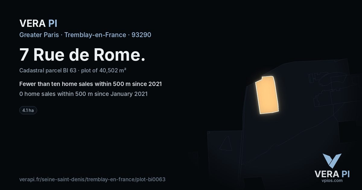 7 Rue de Rome, Tremblay-en-France at night – the plot lit, the parcels around coloured by the prices near them