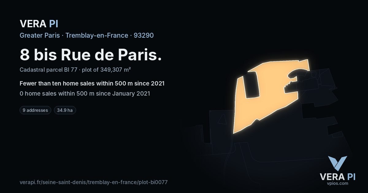 8 bis Rue de Paris, Tremblay-en-France at night – the plot lit, the parcels around coloured by the prices near them
