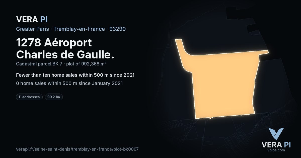 1278 Aéroport Charles de Gaulle, Tremblay-en-France at night – the plot lit, the parcels around coloured by the prices near them