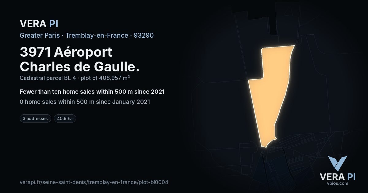 3971 Aéroport Charles de Gaulle, Tremblay-en-France at night – the plot lit, the parcels around coloured by the prices near them