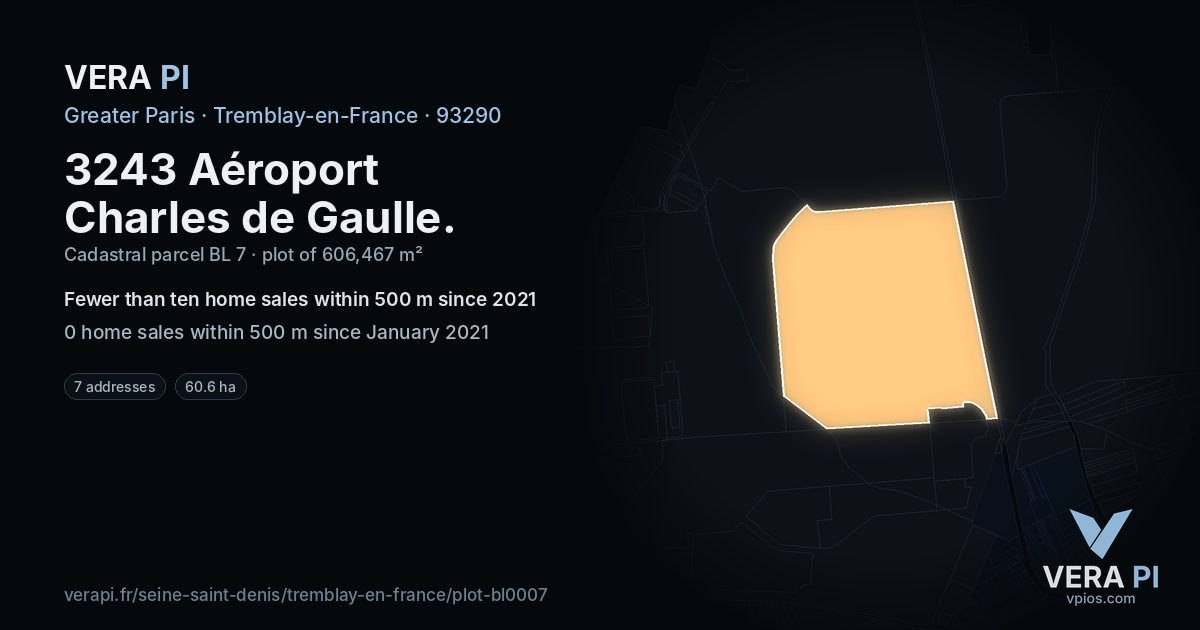 3243 Aéroport Charles de Gaulle, Tremblay-en-France at night – the plot lit, the parcels around coloured by the prices near them
