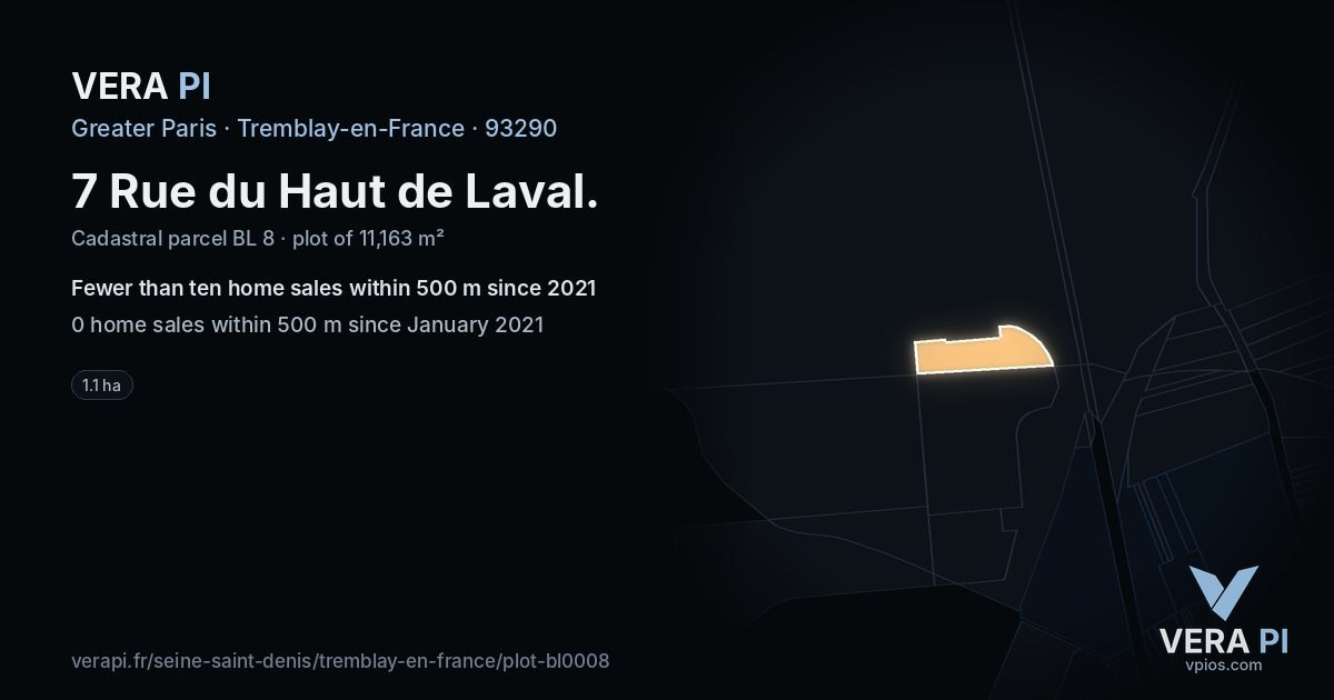7 Rue du Haut de Laval, Tremblay-en-France at night – the plot lit, the parcels around coloured by the prices near them