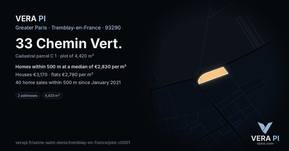 33 Chemin Vert, Tremblay-en-France at night – the plot lit, the parcels around coloured by the prices near them