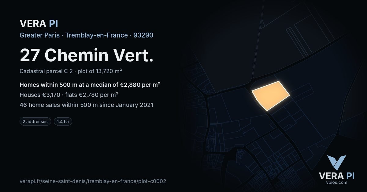 27 Chemin Vert, Tremblay-en-France at night – the plot lit, the parcels around coloured by the prices near them