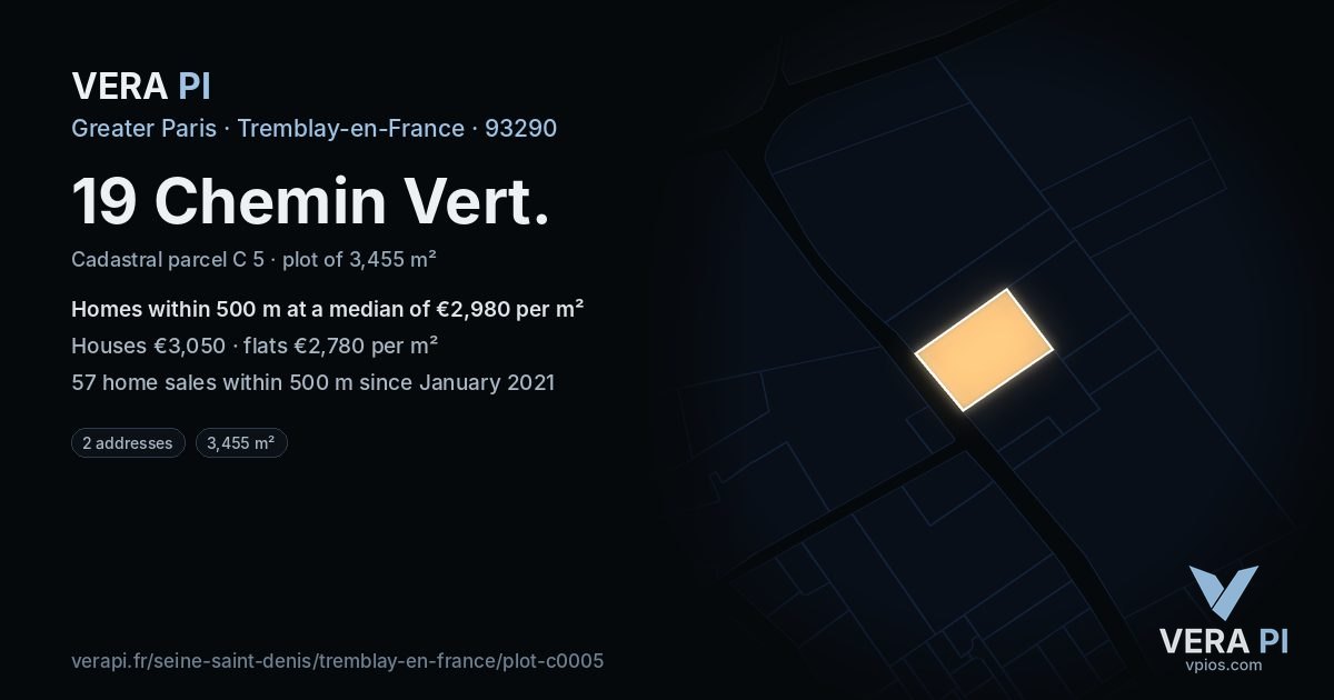 19 Chemin Vert, Tremblay-en-France at night – the plot lit, the parcels around coloured by the prices near them