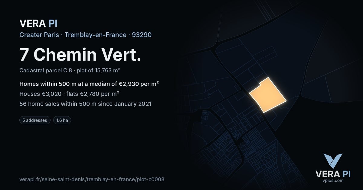 7 Chemin Vert, Tremblay-en-France at night – the plot lit, the parcels around coloured by the prices near them
