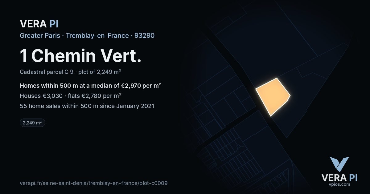 1 Chemin Vert, Tremblay-en-France at night – the plot lit, the parcels around coloured by the prices near them