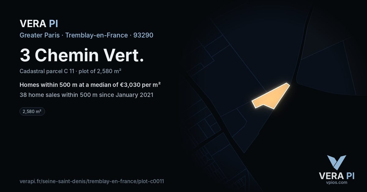 3 Chemin Vert, Tremblay-en-France at night – the plot lit, the parcels around coloured by the prices near them