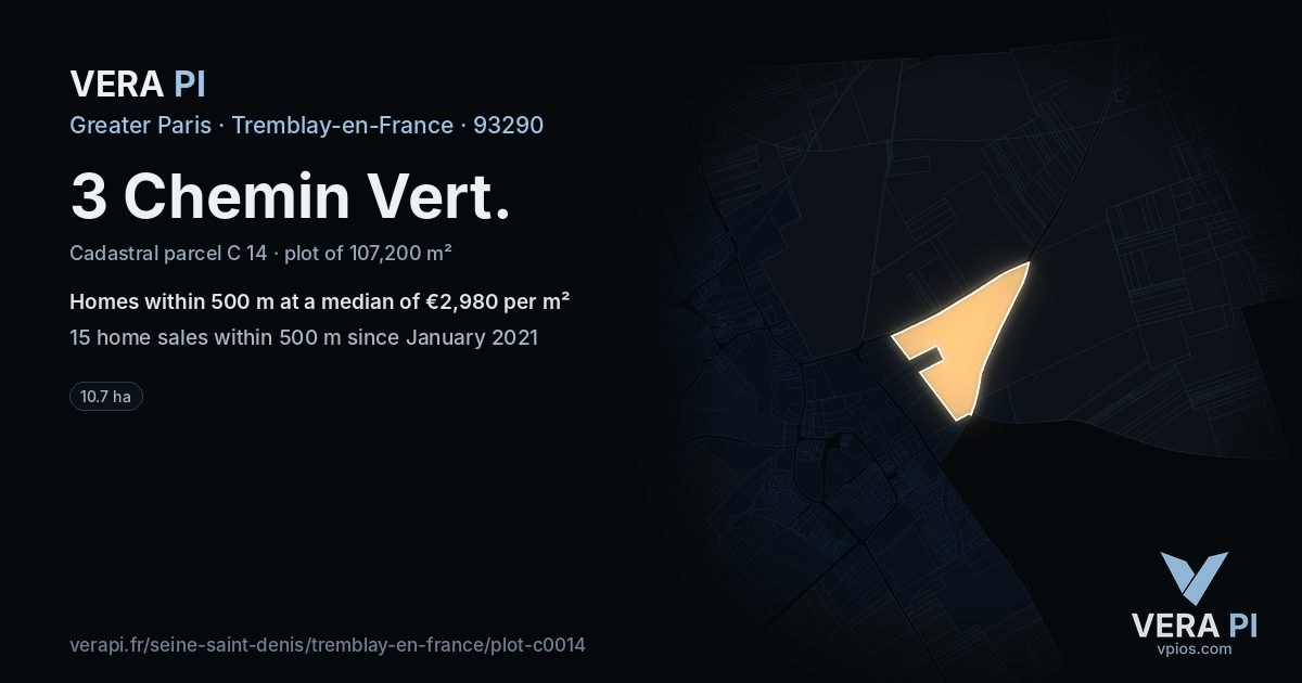 3 Chemin Vert, Tremblay-en-France at night – the plot lit, the parcels around coloured by the prices near them