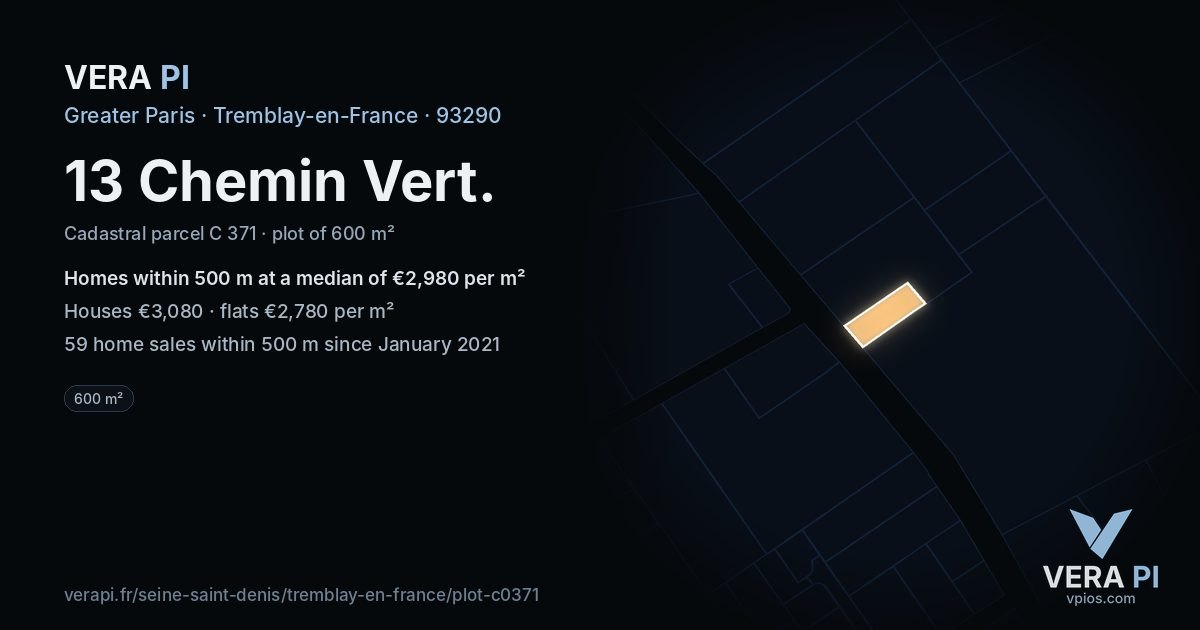 13 Chemin Vert, Tremblay-en-France at night – the plot lit, the parcels around coloured by the prices near them