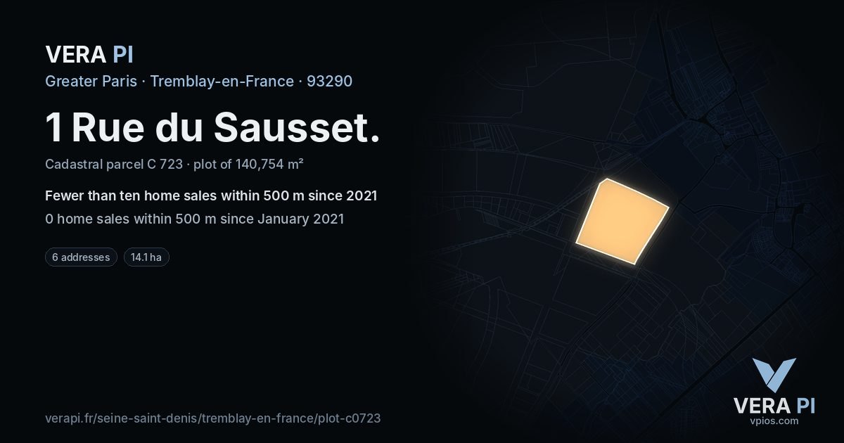1 Rue du Sausset, Tremblay-en-France at night – the plot lit, the parcels around coloured by the prices near them