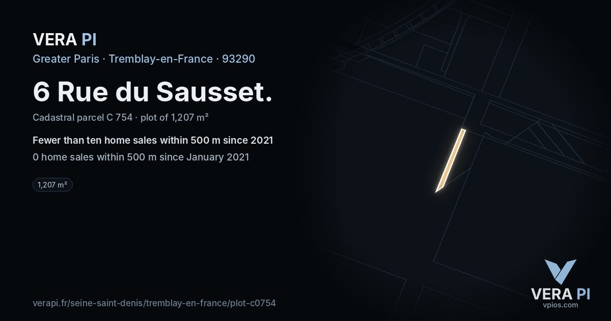 6 Rue du Sausset, Tremblay-en-France at night – the plot lit, the parcels around coloured by the prices near them