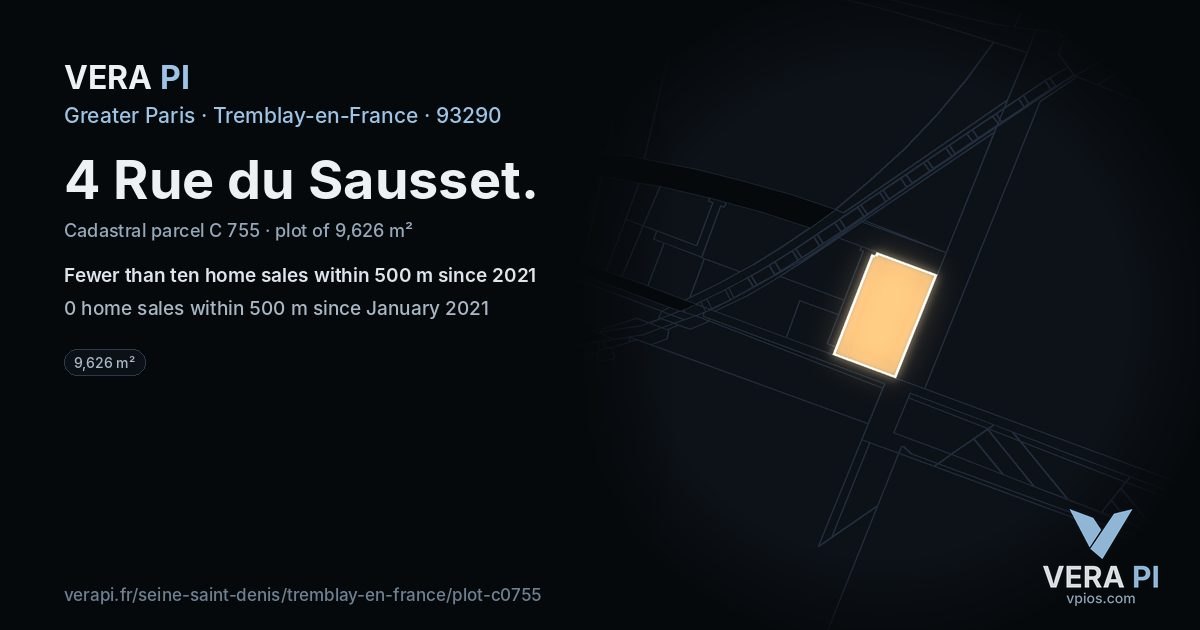 4 Rue du Sausset, Tremblay-en-France at night – the plot lit, the parcels around coloured by the prices near them