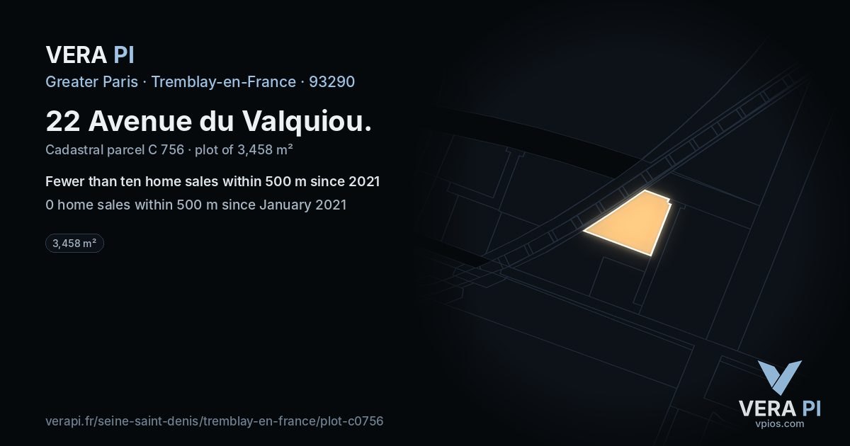 22 Avenue du Valquiou, Tremblay-en-France at night – the plot lit, the parcels around coloured by the prices near them