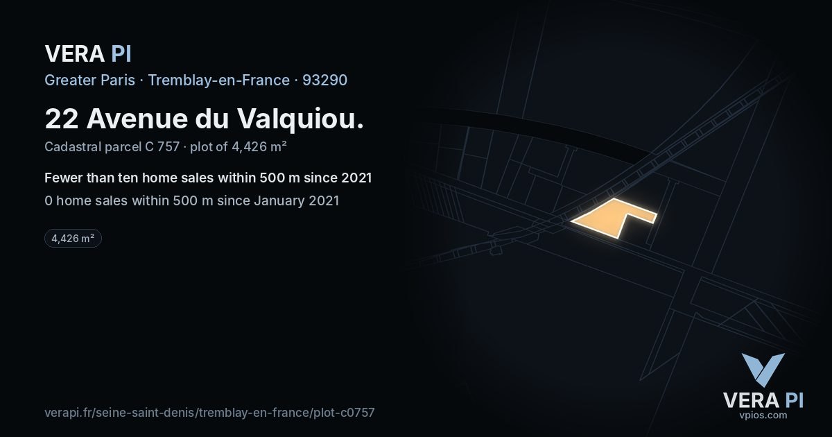 22 Avenue du Valquiou, Tremblay-en-France at night – the plot lit, the parcels around coloured by the prices near them
