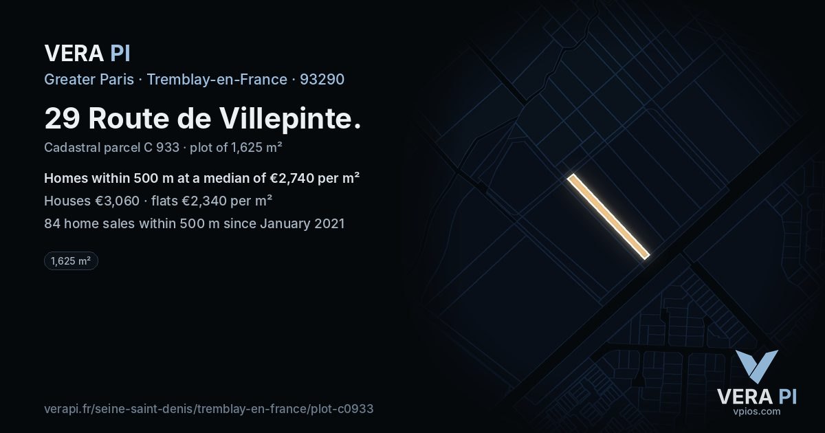 29 Route de Villepinte, Tremblay-en-France at night – the plot lit, the parcels around coloured by the prices near them