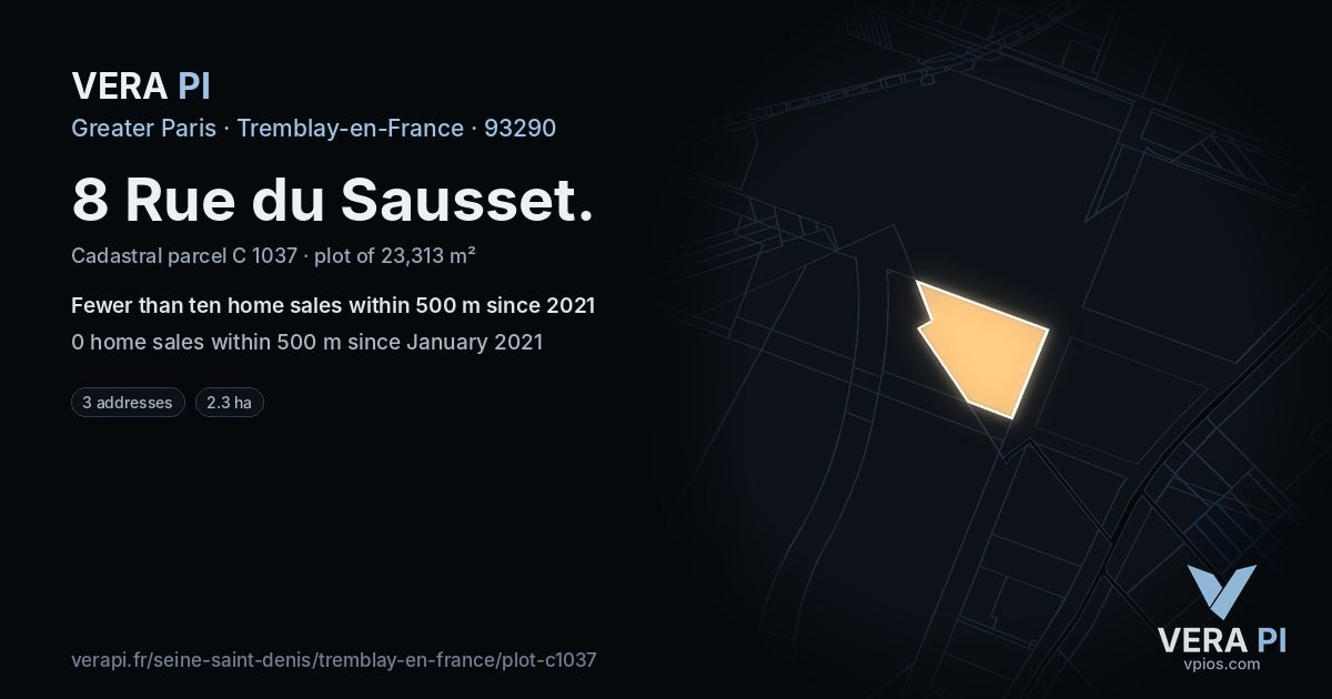 8 Rue du Sausset, Tremblay-en-France at night – the plot lit, the parcels around coloured by the prices near them