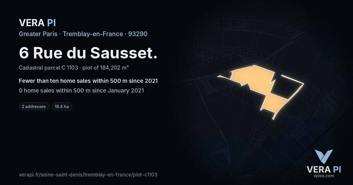 6 Rue du Sausset, Tremblay-en-France at night – the plot lit, the parcels around coloured by the prices near them