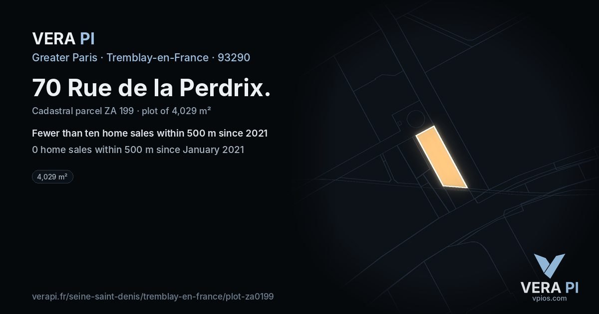 70 Rue de la Perdrix, Tremblay-en-France at night – the plot lit, the parcels around coloured by the prices near them