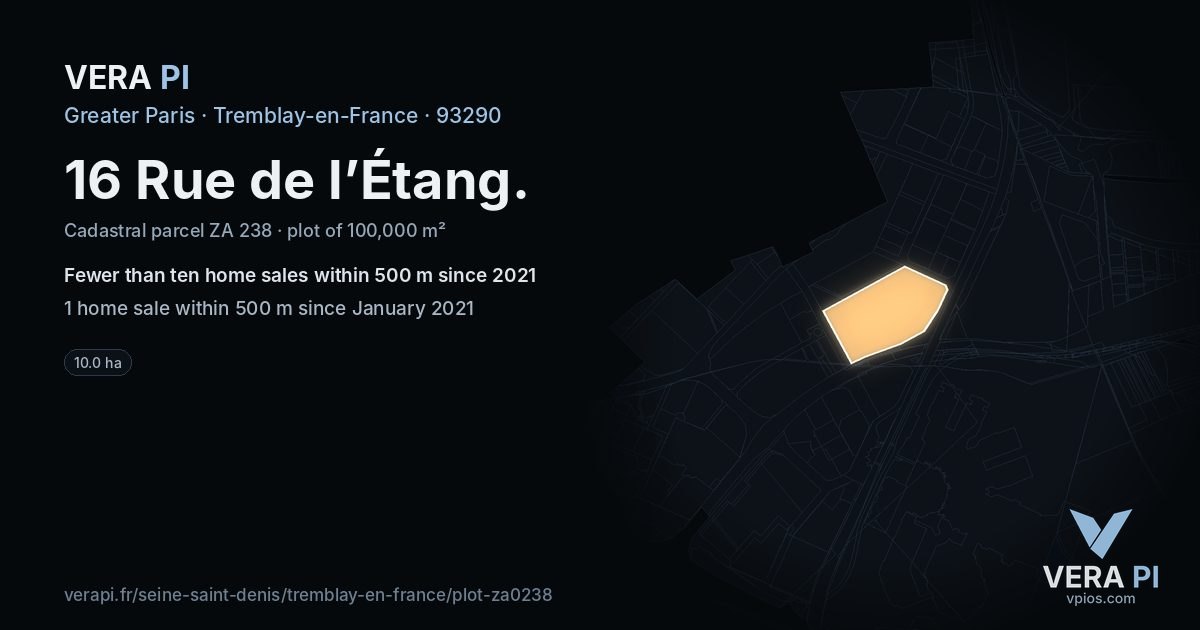 16 Rue de l’Étang, Tremblay-en-France at night – the plot lit, the parcels around coloured by the prices near them