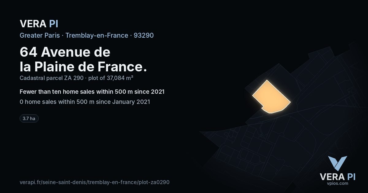64 Avenue de la Plaine de France, Tremblay-en-France at night – the plot lit, the parcels around coloured by the prices near them