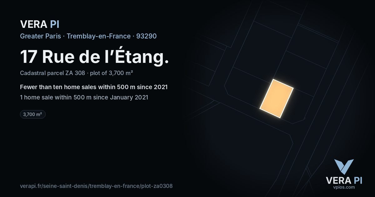17 Rue de l’Étang, Tremblay-en-France at night – the plot lit, the parcels around coloured by the prices near them