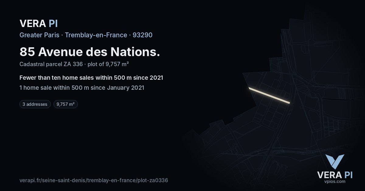85 Avenue des Nations, Tremblay-en-France at night – the plot lit, the parcels around coloured by the prices near them