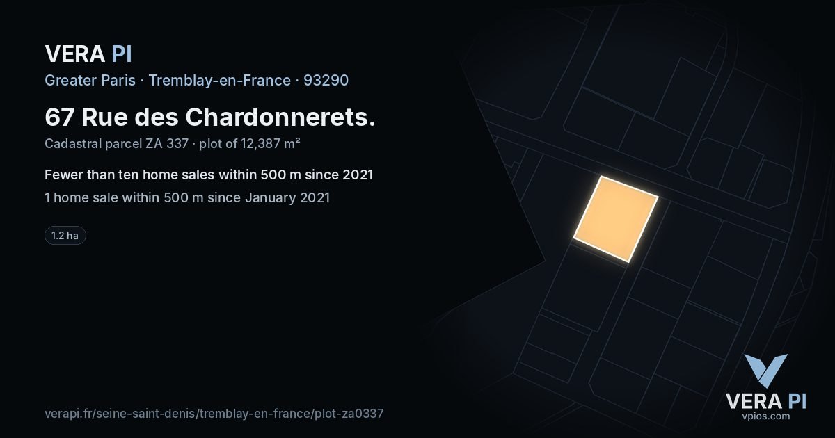67 Rue des Chardonnerets, Tremblay-en-France at night – the plot lit, the parcels around coloured by the prices near them