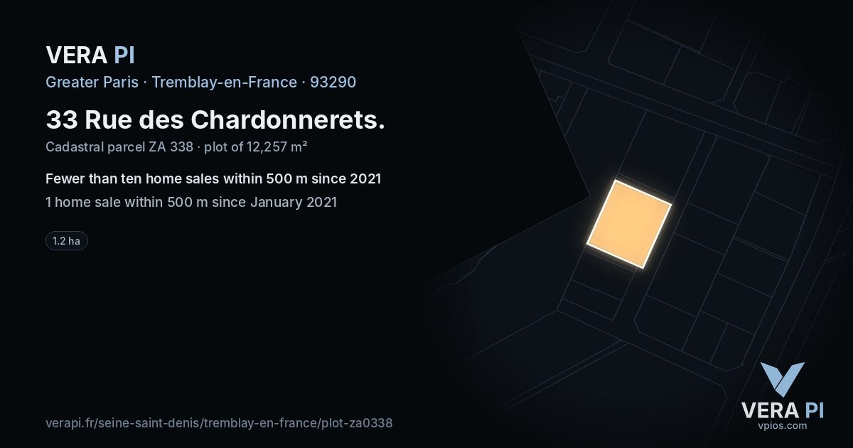33 Rue des Chardonnerets, Tremblay-en-France at night – the plot lit, the parcels around coloured by the prices near them