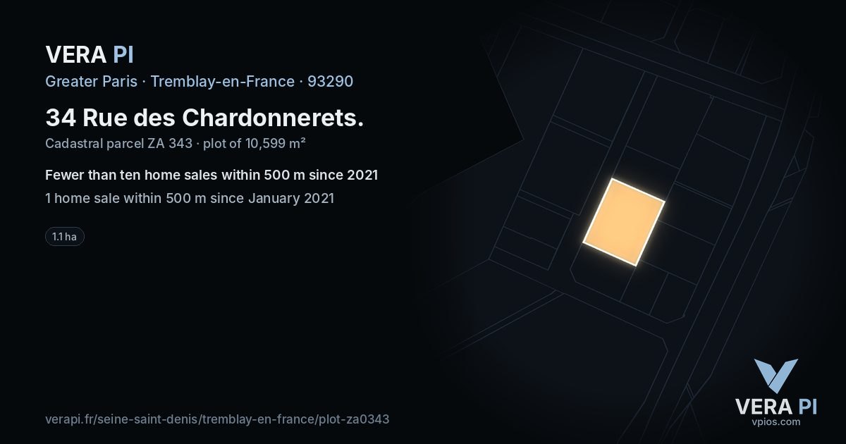34 Rue des Chardonnerets, Tremblay-en-France at night – the plot lit, the parcels around coloured by the prices near them