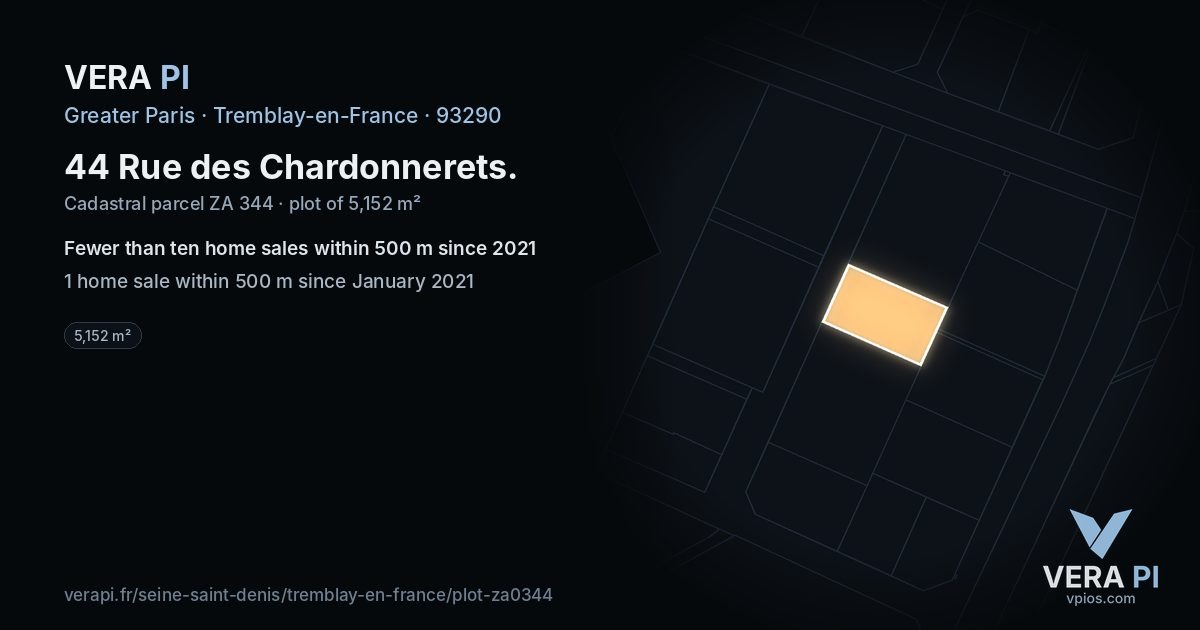44 Rue des Chardonnerets, Tremblay-en-France at night – the plot lit, the parcels around coloured by the prices near them