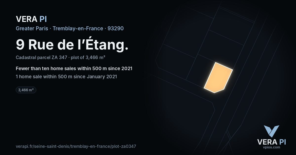 9 Rue de l’Étang, Tremblay-en-France at night – the plot lit, the parcels around coloured by the prices near them