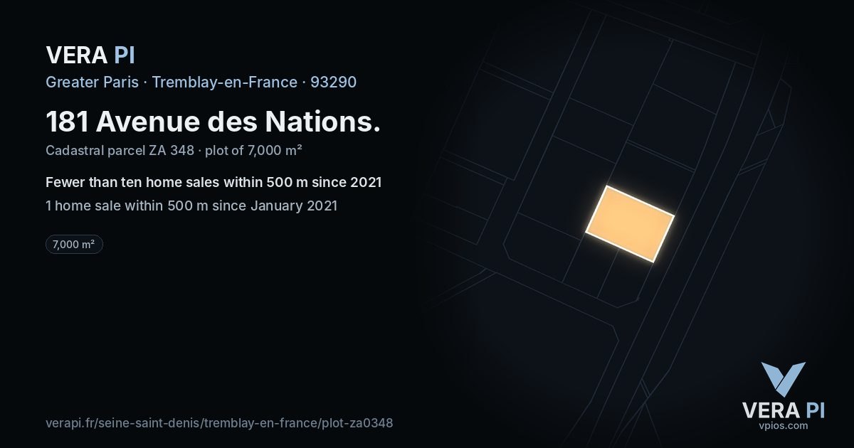 181 Avenue des Nations, Tremblay-en-France at night – the plot lit, the parcels around coloured by the prices near them