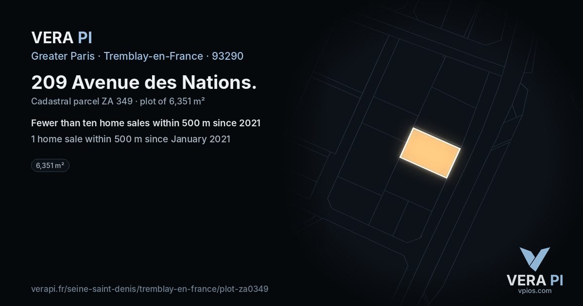 209 Avenue des Nations, Tremblay-en-France at night – the plot lit, the parcels around coloured by the prices near them
