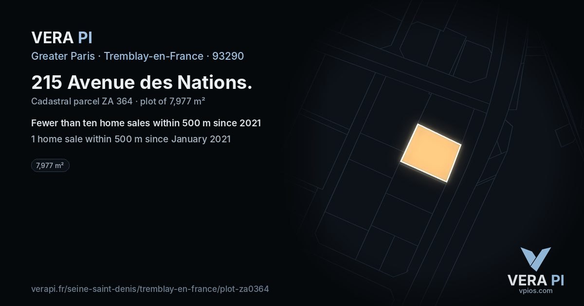 215 Avenue des Nations, Tremblay-en-France at night – the plot lit, the parcels around coloured by the prices near them